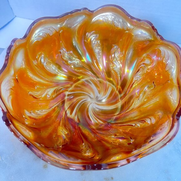 Imperial Other - Vtg Imperial Marigold Carnival Acanthus Glass Bowl Swirled Iridescent Scalloped